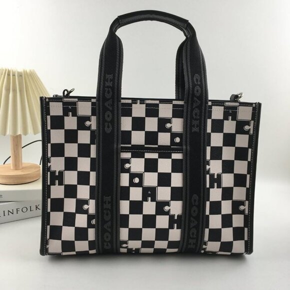 Coach Silver/Black/Chalk Smith Tote With Checkerboard Print - Picture 2 of 6